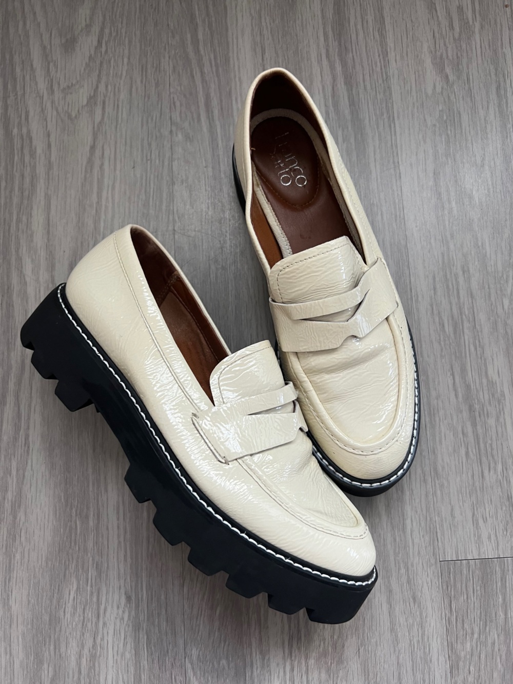 Franco Sarto Cream Patent Penny Loafers Chunky Lug Sole Platform Shoes Women’s 8